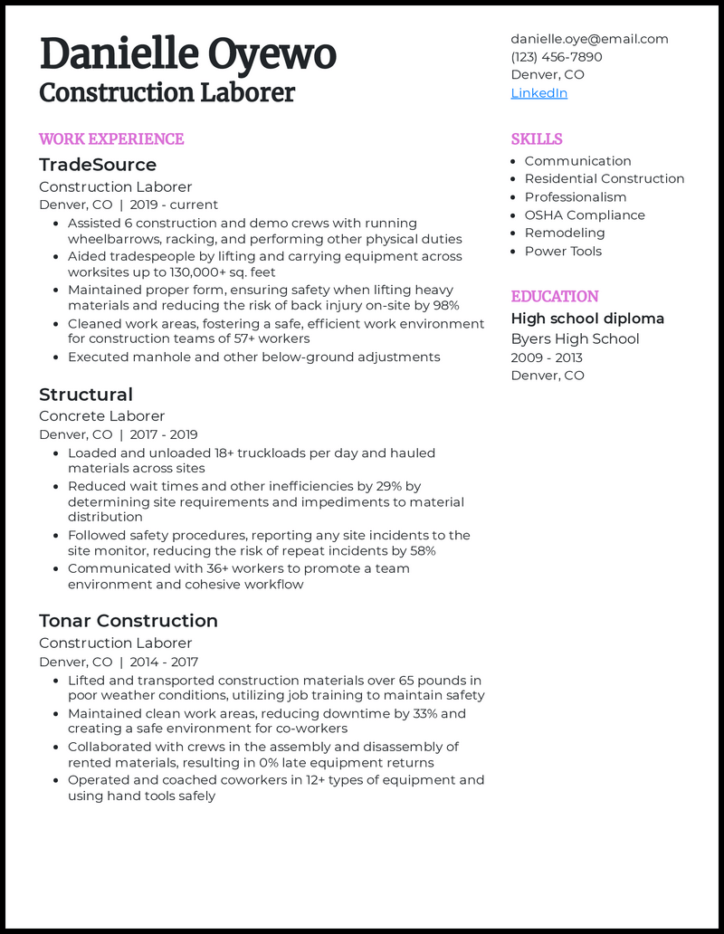 resume format for job construction